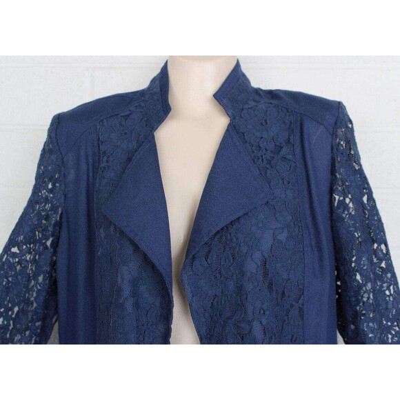 Chico's 1 M 8 10 Navy Blue Sheer Lace 3/4 Sleeves Open Front Zip Pockets Jacket - Picture 5 of 10
